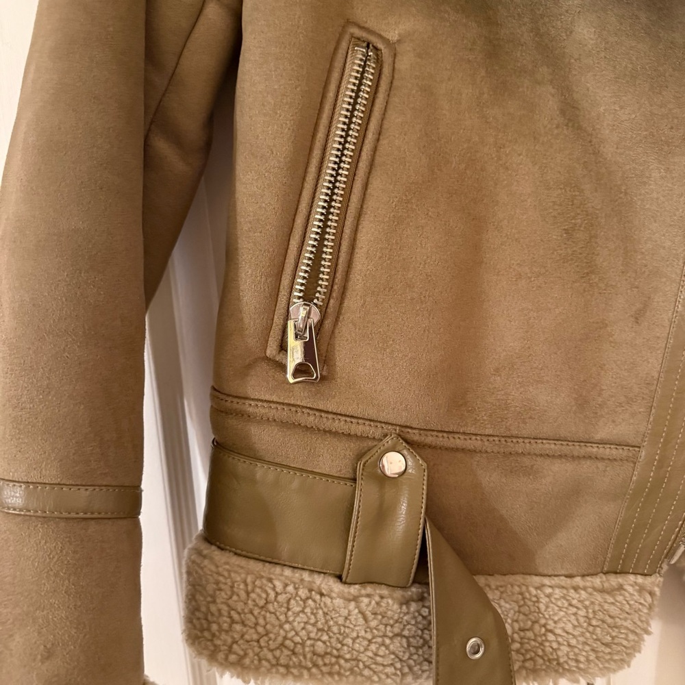 Zara Beige Shearling Sherpa Lined Faux Suede Jacket - Picture 8 of 10